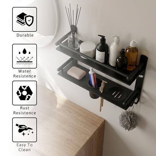 Image of GLOXY Premium Black Matt Finish Bathroom Shelf Rack - Wall Mount 4in1 Multipurpose Double Soap Stand for Bathroom with Toothpaste Holder - Bathroom Fittings Accessories Set with Multipurpose Hooks
