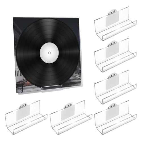 Kalami 6 Pack Vinyl Record Holder Wall Mount No Drill, Self Adhesive Acrylic Record Shelf Display Racks for LP Album Covers CD Book Pictures