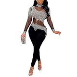 MESLIMA Women Sexy Sparkly Sequins Mesh See Through Long Sleeve Bodycon Long Jumpsuit Romper Clubwear Black S
