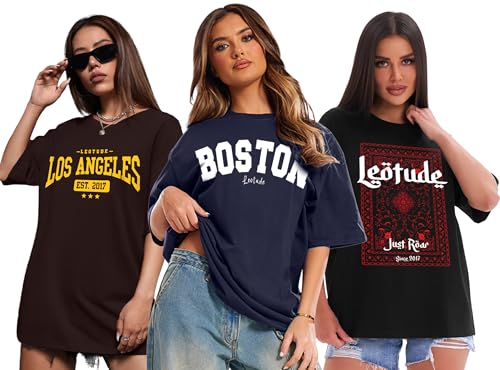 Image of LEOTUDE Womens Oversized Round Neck Cottonblend Half Sleeve T-Shirts (Colour: Multicolor)