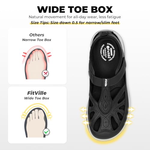 Image of FitVille Extra Wide Womens Orthopedic Walking Sandals with Wide Toe Box, Outdoor Closed Toe Sandals with Adjustable Straps for Women, Arch Support Women's Shoes for Plantar Fasciitis, Swollen Feet