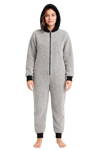 Look Now Teddy Fleece Onesie Jumpsuit | Zip Up Jumpsuit | Fluffy fleece Onesies Nightwear | Fleece Pajamas Women & Onesie | Hooded jumpsuit for Everyone (UK, Alpha, M, Regular, Regular, 211052 - Grey)