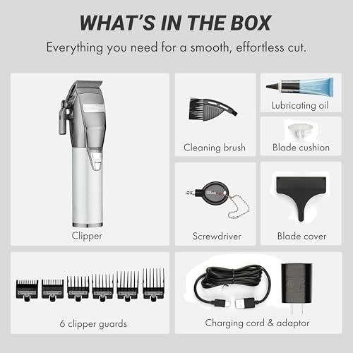 BaBylissPRO SILVERX+ Professional Barber Cord/Cordless Hair Clippers for Men, All Metal, Lithium Battery with 3-Hour Runtime, Silver
