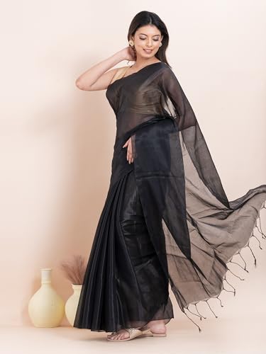 Image of Women's Tissue Cotton Saree | Plain Lightweight Tassel Pallu Saree with Blouse