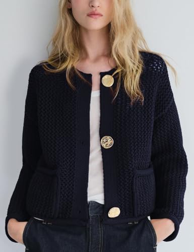 Image of Wyeysyt Womens Cropped Cardigan Sweaters Chunky Knit Gold Button Down Open Front Cardigan Long Sleeve Crop Crochet Sweaters