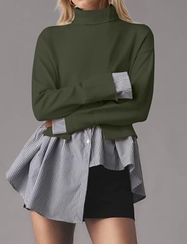 Image of MISSACTIVER Women Slit Turtleneck Patchwork Sweater 2 in 1 Buttons Down Pullover Knit Sweater Asymmetrical Hem Shirt Top
