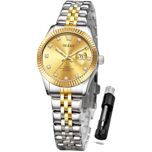 Image of OLEVS Gold Women Watches Business Luxury Dress Diamond Ladies Watch Small Face Stainless Steel Waterproof Two Tone Watch for Women