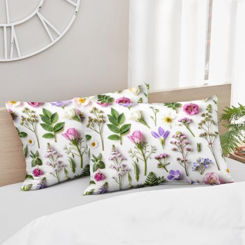Image of AILONEN Botanical Meadow Comforter Set Twin Size, Wildflower Bedding Ensemble, Green Leaf Bedspread Quilt with 2 Pillowcases for Dorm Bedroom