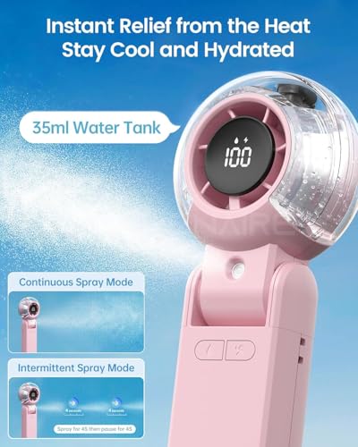 Image of SEVENAIRE Misting Fan Portable Handheld Turbo Fan with Mist, LED Display, Neck & Desk Foldable High Speed Airflow Mini Fan, Rechargeable Personal Mister Fans with Water Spray Bottle for Outdoor Travel