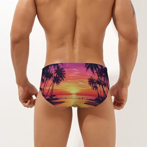 Palms Trees Sunset Printed Swim Briefs for Men Sexy Bikini Swimwear Elastic Beach Trunks Bathing Suit3