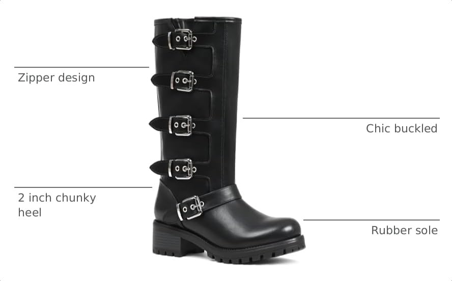 Image of AMINUGAL Knee High Boots Women Square Toe Pull On Wide Calf Riding Fashion Buckles Chunky Metallic Casual Vintage Buckle Rivet