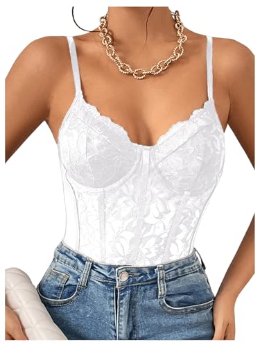 Milumia Women's Sexy Sheer Mesh Lace Bodysuit Spaghetti Strap Bustier