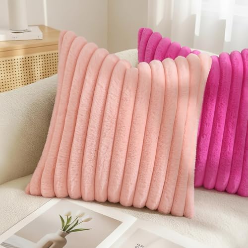 Image of decorUhome Fall Cozy Faux Fur Throw Pillow Covers 24x24 Set of 2 Decorative Soft Plush Striped Modern Farmhouse Boho Couch Euro Sham Pillow Cases with Velvet Back for Sofa Bed Living Room, Hot Pink