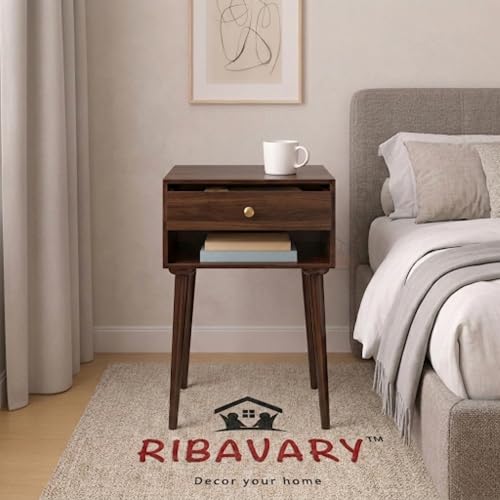 Image of Modern Bedside Table Nightstand with Solid Wood Legs, Practical End Side Table with Drawer Storage for Small Spaces Wooden Bedside Table, Coffee Table, Living Room /Bedroom (Antique Brown)