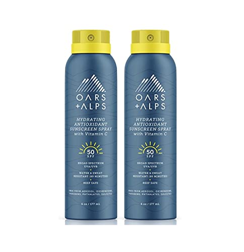 Oars + Alps Hydrating SPF 50 Sunscreen Spray, Naturally Derived Skin Care Infused with Vitamin C and Antioxidants, Water and Sweat Resistant, 6 Oz Each, 2 Pack
