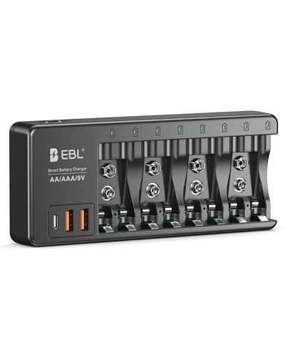 EBL AA AAA 9V Individual Battery Charger for AA AAA 9V NiMH NiCD Rechargeable Battery with 2 USB-A & 1 USB-C Charging Ports