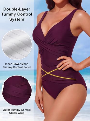 Image of Smismivo Tummy Control Swimsuits for Women Slimming One Piece Bathing Suit Retro Ruched Push Up Vintage Padded Swimwear