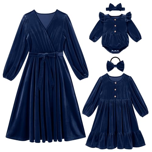 Mommy and Me Christmas Dresses Long Sleeve Santa Claus Dark Green Red V Neck Ruffle Velvet Dress Fall Winter Xmas Holiday Party Burgundy Mom Daughter Matching outfits Photoshoot Dark Blue 12-18 Months