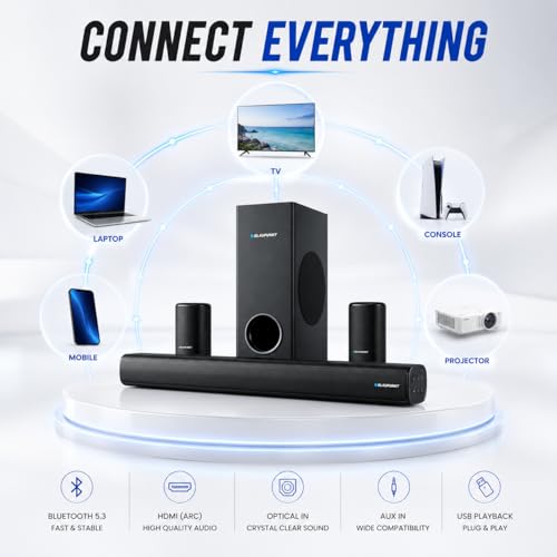 Image of Blaupunkt SBW Chicago HT5.1 Soundbar with Wired Subwoofer & Satellites, Bluetooth, HDMI, Optical, USB, AUX, DSP Sound, Remote Control for Room Home Theater (Black)