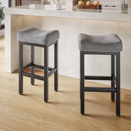 Image of 29 Inch Bar Height Bar Stools Set of 2, 29 inch Barstools for Kitchen Island Counter, Backless Bonded Leather Bar Height Stools with Thick Saddle Seats & Heavy Duty Metal Base, Easy Assembly, Gray /Black