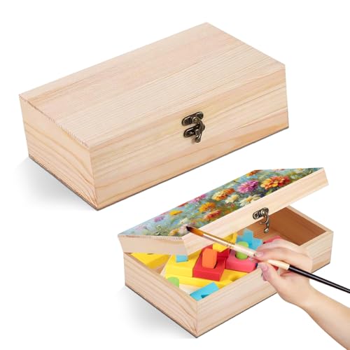 DHSWNNG 2PCS Unfinished Wooden Boxes, 15x10x5cm Wooden Box with Hinged Lid Small Wood Storage Organizer Box for DIY Craft Home Table Decoration