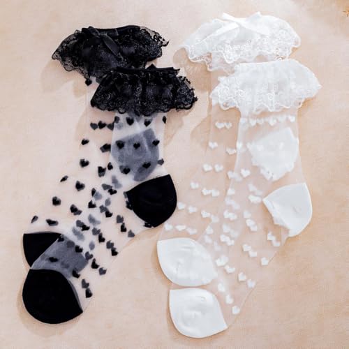 Image of Ruffle See Through Socks Dot Lace Sheer Socks Tulle Cool Mesh Ankle Sock for Women 2 Pairs