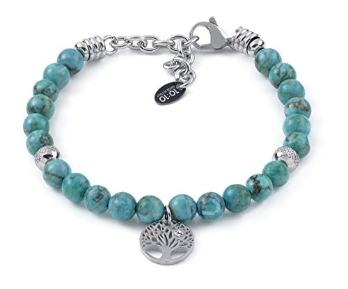 10:10 Bracciale in acciaio inox e pietre naturali da 6 mm, charms albero della vita e beads in acciaio, prodotto realizzato in Italia (Turchese)