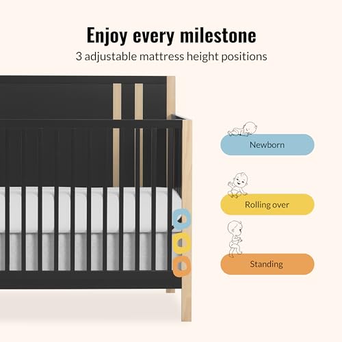 Image of Dream On Me Soho 5-in-1 Convertible Baby Crib in Matte Black Vintage, GreenGuard Gold & BSA, Sustainable Pinewood, 3 Levels, Converts to Toddler, Day & Full-Size Bed