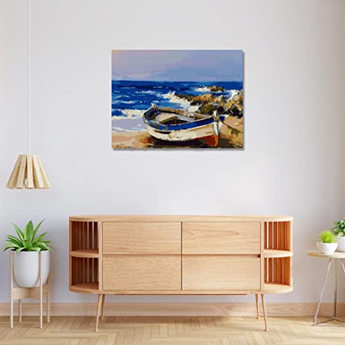 Image of RANGOLI 100% Cotton Stretched Canvas Painting 400 GSM, Framed Boat at the Beach Canvas Abstract Wall Art for Living Room, 3D Paintings for Wall Decor (24 x 36 Inch With Frame)