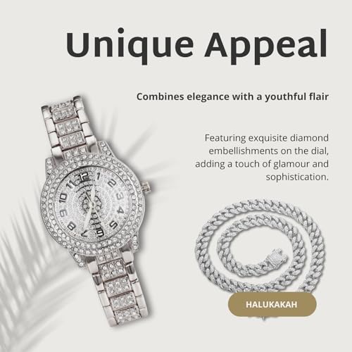 Image of Halukakah Diamonds Watch Iced Out for Boy Teens Kids - 18K Real Gold /Platinum Plated,Arabic Numerals Round Dial,Japanese Quartz - 7.7 inch Length - Optional with Cuban Link Chain - for Birthday,Parties