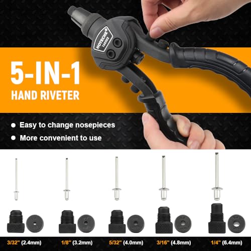 Hoteche 10 Inch Double Handle Riveting Pliers Carbon Steel Aluminum Alloy 760g Riveting Tool Set including 5 Nozzles and 3 Steel Jaws for Blind Rivet Pliers - Image 4