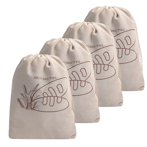 Leinen Brotbeutel,wiederverwendbar, mit Kordelzug, groß, ungebleicht, Beutel für Brot, Baguette,selbstgemachtes Brot und weitere Lebensmittel, Auch Obst- undGemüsebeutel, (30 x 40cm), 4er Set