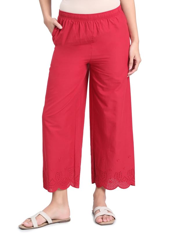 Image of GO COLORS Women's Cotton Hakoba Palazzo | Ankle Length, Schiffli Embroidery, Relaxed Fit, Mid-Rise with Side Pocket