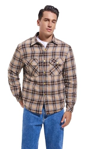 Image of Men's Sherpa Cotton Flannel Shirt Jacket Plaid Button Coat Pocket