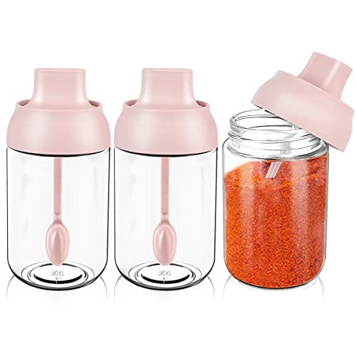 Supkiir 3 Stück Gewürzflasche mit Löffel, 237 ml Küchengewürzglasflasche, transparenter Aufbewahrungsbehälter für Gewürze, Gewürze, Zucker und Getreide, feuchtigkeitsbeständig, rosa Gewürzbehälter Cover
