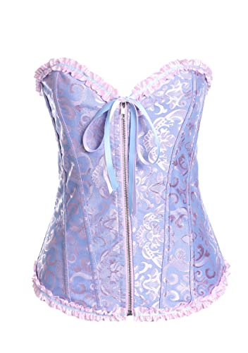 Yming Lady Corset Elegant Plus Size Boned Zip Up Satin Bodyshaper Floral Lace Trim Bustier Blue Xl #TOP19