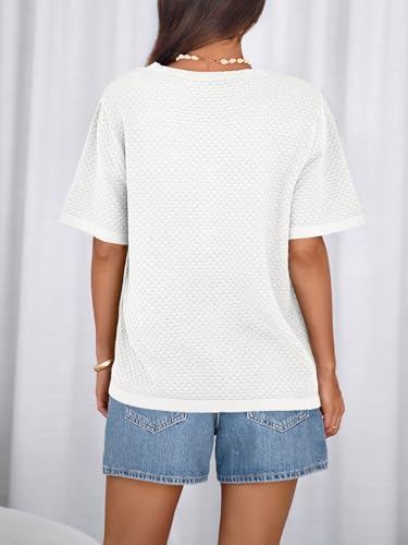 Image of NALANISA Women's Short Sleeve Sweater Spring Summer Crochet Knit Tops 2026 V Neck Striped Button Down Dressy Casual Blouses