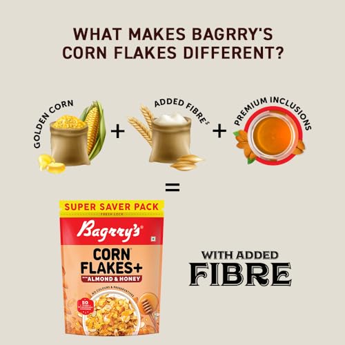 Image of Bagrry's Corn Flakes Plus 750g- Almond and Honey | With Added Fibre | California Almonds, Raw Honey, Golden Corn, Wheat Fibre| High Fibre Breakfast Cereal| Naturally Cholesterol Free Cornflakes | No Preservatives