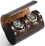 Besforu Watch Roll Travel Case for Men and Women with Suede Lining Portable 2 Slot Watch Display Storage and Organizer to Holder Large Watch (2 Slot Dark Brown)