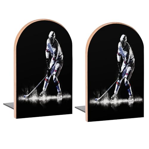 Ice Hockey Player Vintage Book Ends Decorative Wood Bookends for Shelves Kids Room Desk Home Office Book Stoppers for Magazines,Books, DVDs, 1 Pair/2 Pieces(5x3.1 in)