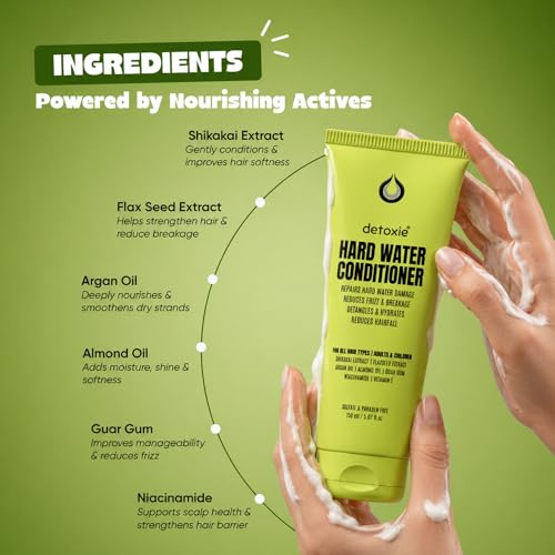 Image of Detoxie Hard Water Conditioner 150 ml | Adults & Children | Softens & Repairs Mineral-Damaged Hair | Reduces Frizz & Breakage | All Hair Types | Flaxseed, Shikakai & Argan Oil