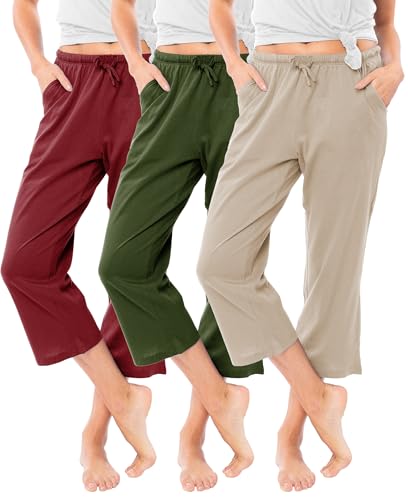 Image of Sexy Basics Women's 100% Cotton Lounge Pants | Capri Style Pajama Sleep Bottoms | Drawstring & Pockets |Multi-Packs & Colors