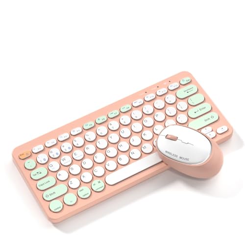 【マルチ接続・2.4GHz&BLuetooth5.0】ワイヤレスキーボードマウスセット 可愛い マルチペアリング 4台まで同時 静音 コンパクト 充電式 US配列 ブルートゥース テンキーレス (ピンク)