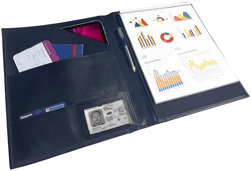Image of Royal Blue Medium Leather Business Portfolio Notebook File Folder | Professional Folder Organizer Gift for Men & Women | Durable Leather Padfolio for Men 3 + 1 Sleeves for documents and Notepad