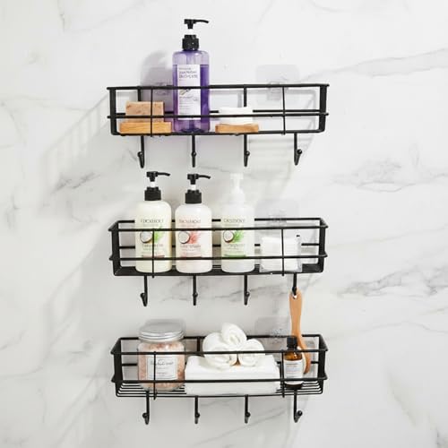 Image of Amazon Basics Self-Adhesive Wall Shelf - No-Drill Multipurpose Bathroom /Kitchen Organizer with Hooks and Towel Holder, Rust Proof GI Steel Organizer | Black, 28.2 x 9.8 x 11.5 cm, Pack of 3