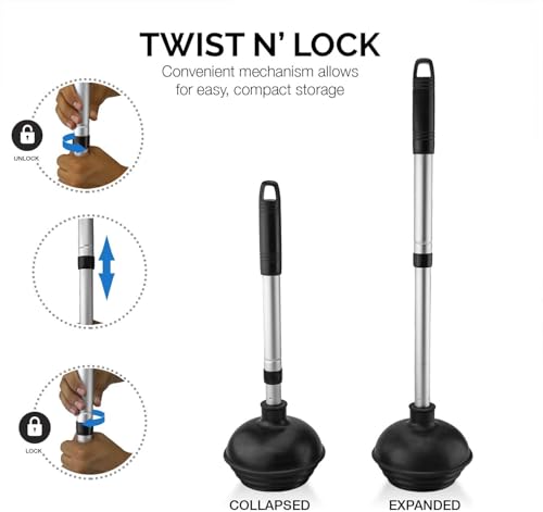 Image of NEIKO 60169A Toilet Plunger | 2 Piece | Bonus Mini-sink and Drain Plunger | Compact | Patented All-Angle Design | Telescopic Aluminum Handle