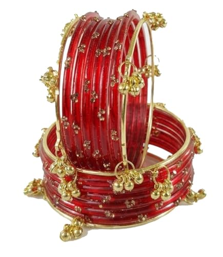 Image of NMII Viral Multi Colour Glass Bangles with Golden Ghungroo Charms & Stone Work For Women & Girls | Fancy Designer Glass Bangle | Traditional Chudi | Kanch Ki Churi | Stylish Ghungroo Bangle For Women