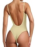 REORIA Womens Summer Sexy Open Back V Neck Spaghetti Strap Cami Double Lined Backless Trendy Thong Bodysuit Top Honeybee Small