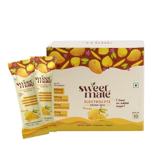 Image of Sweetmate Sugar Free Mango Electrolyte Drink Mix Sweetened With Stevia - 5g (10 Sachet) No Preservatives and Chemicals| Offers 10x more Electrolyte | Keto Friendly, Vegan