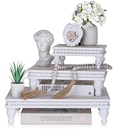 Hanobe Wooden Display Risers Decorative: Set of 3 Wood Whitewashed Pedestal Stand Tiered Tray Rec...
